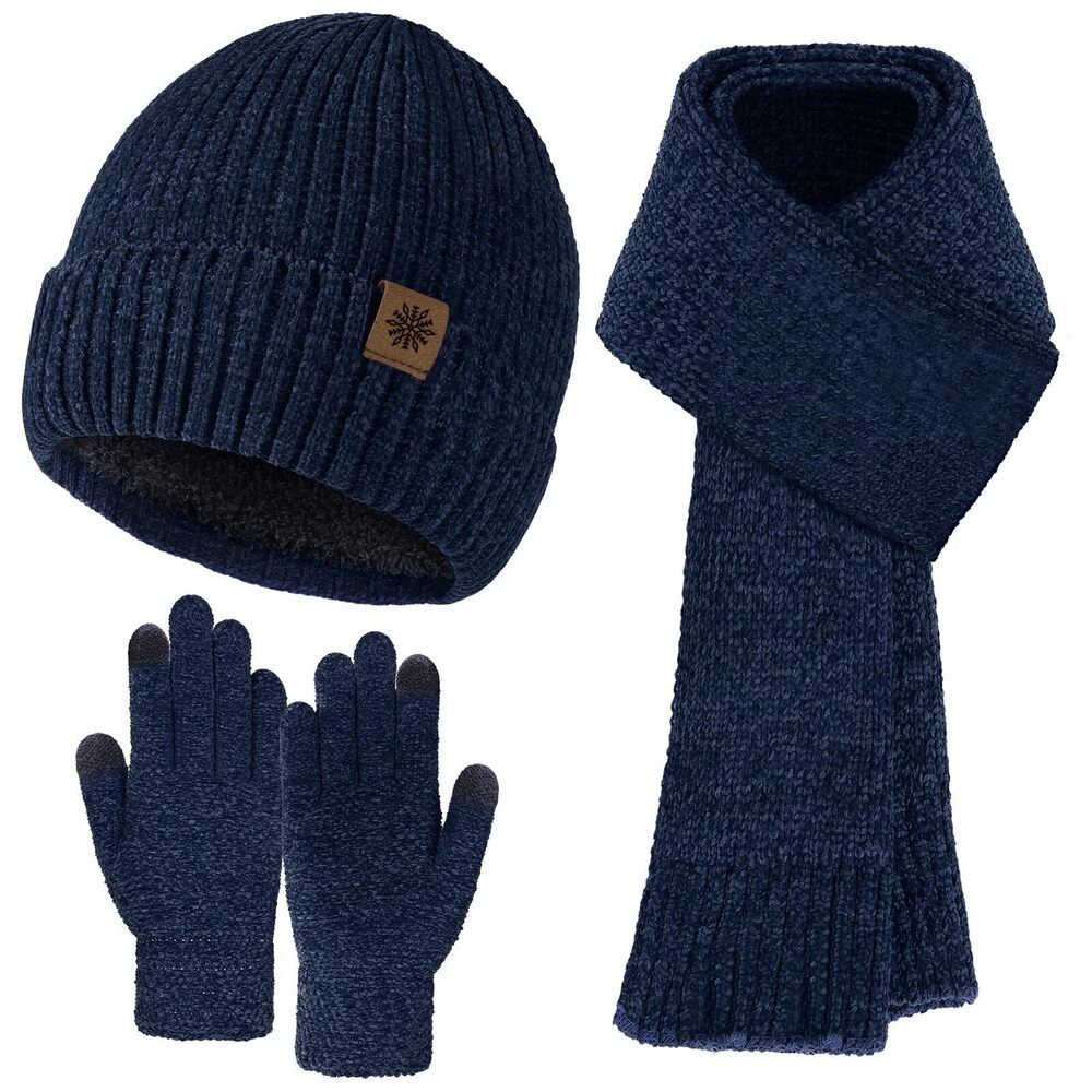 3415 Winter Hat Gloves Scarf Set , Warm Lining Beanie Hats Touchscreen